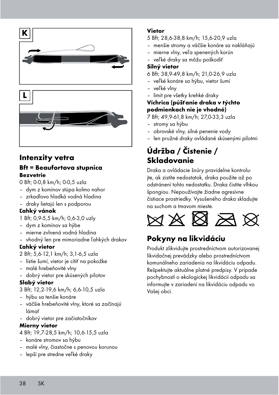 Údržba / čistenie / skladovanie, Pokyny na likvidáciu, Intenzity vetra | Crivit Sports Stunt Kite User Manual | Page 38 / 48