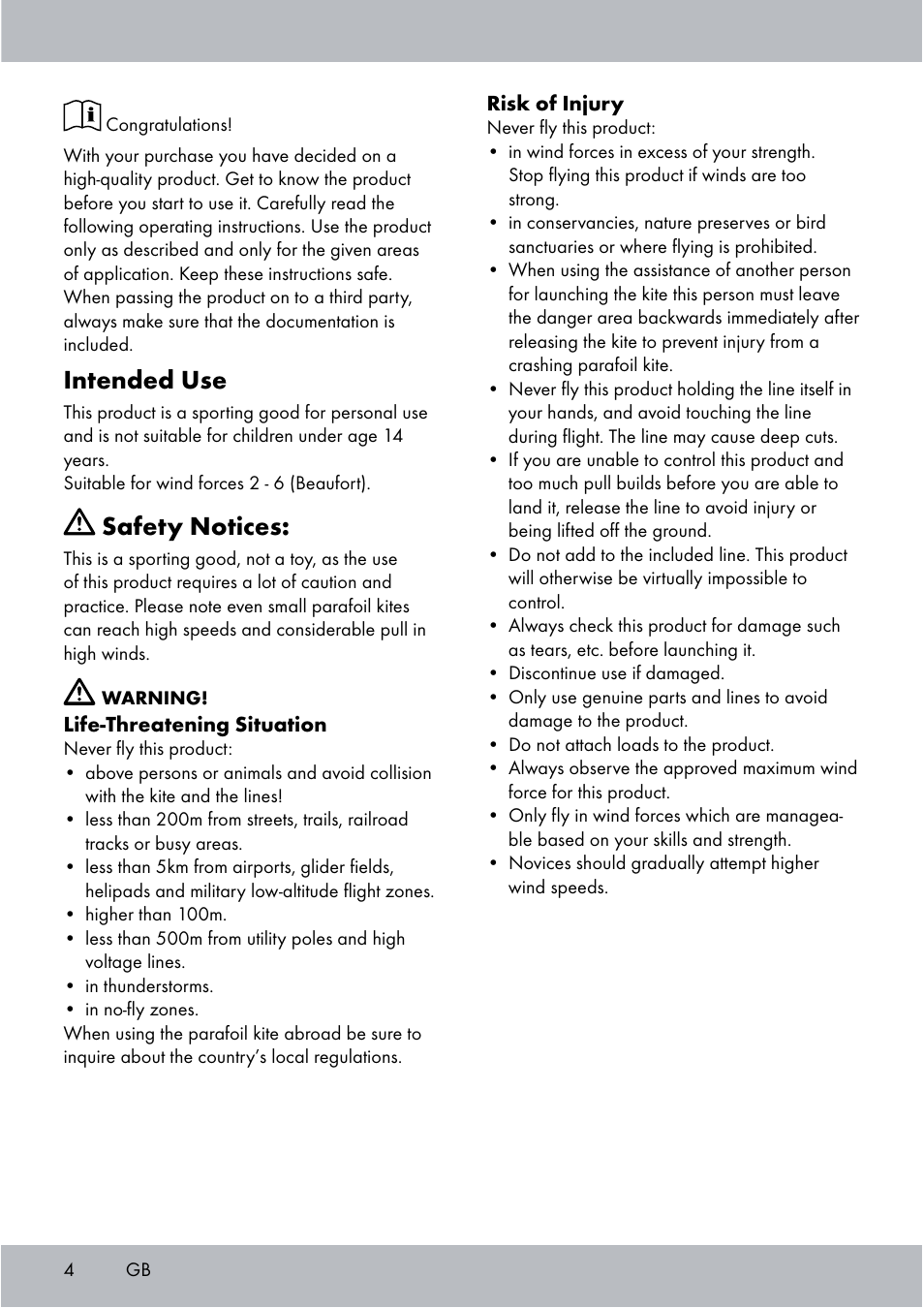 Intended use, Safety notices | Crivit Sports Stunt Kite User Manual | Page 4 / 48