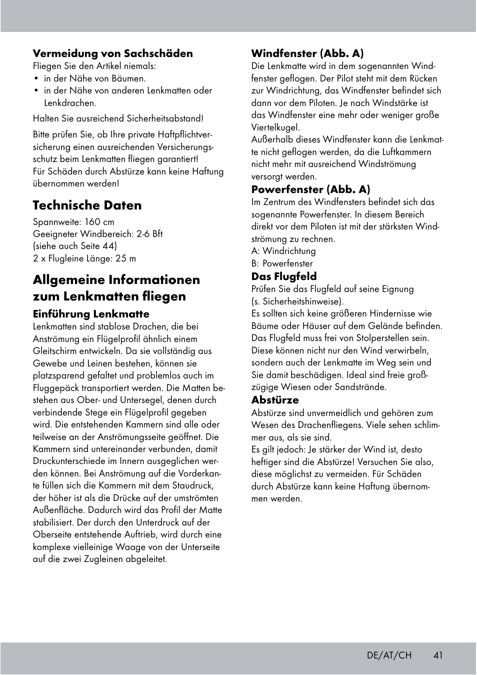 Technische daten, Allgemeine informationen zum lenkmatten ﬂiegen | Crivit Sports Stunt Kite User Manual | Page 41 / 48