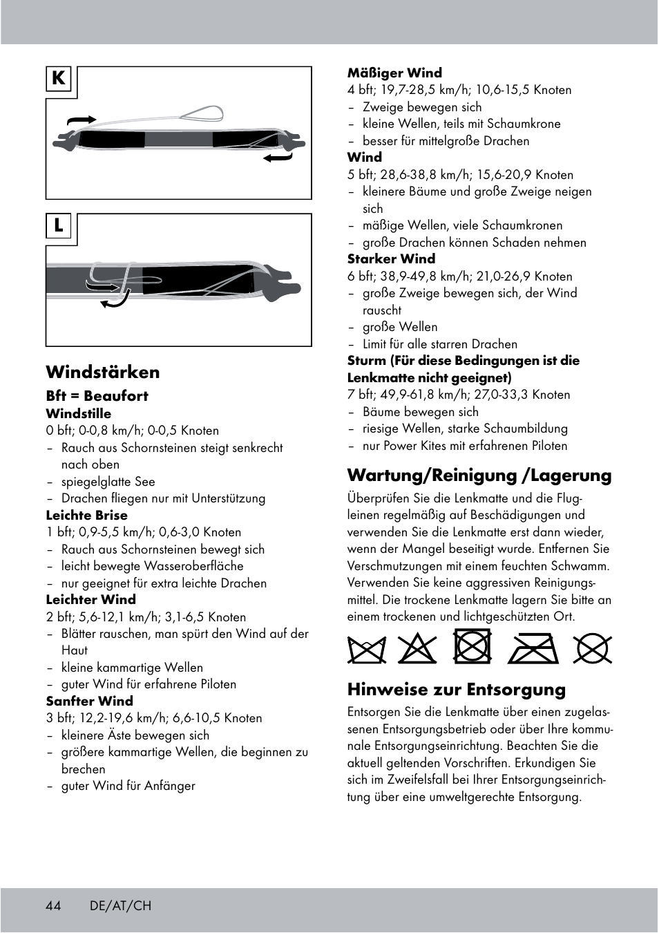 Wartung/reinigung /lagerung, Hinweise zur entsorgung, Windstärken | Crivit Sports Stunt Kite User Manual | Page 44 / 48