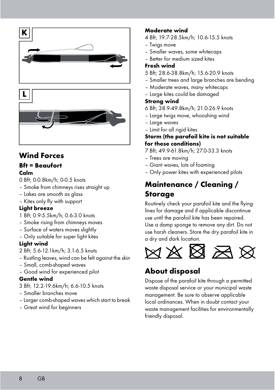 Maintenance / cleaning / storage, About disposal, Wind forces | Crivit Sports Stunt Kite User Manual | Page 8 / 48