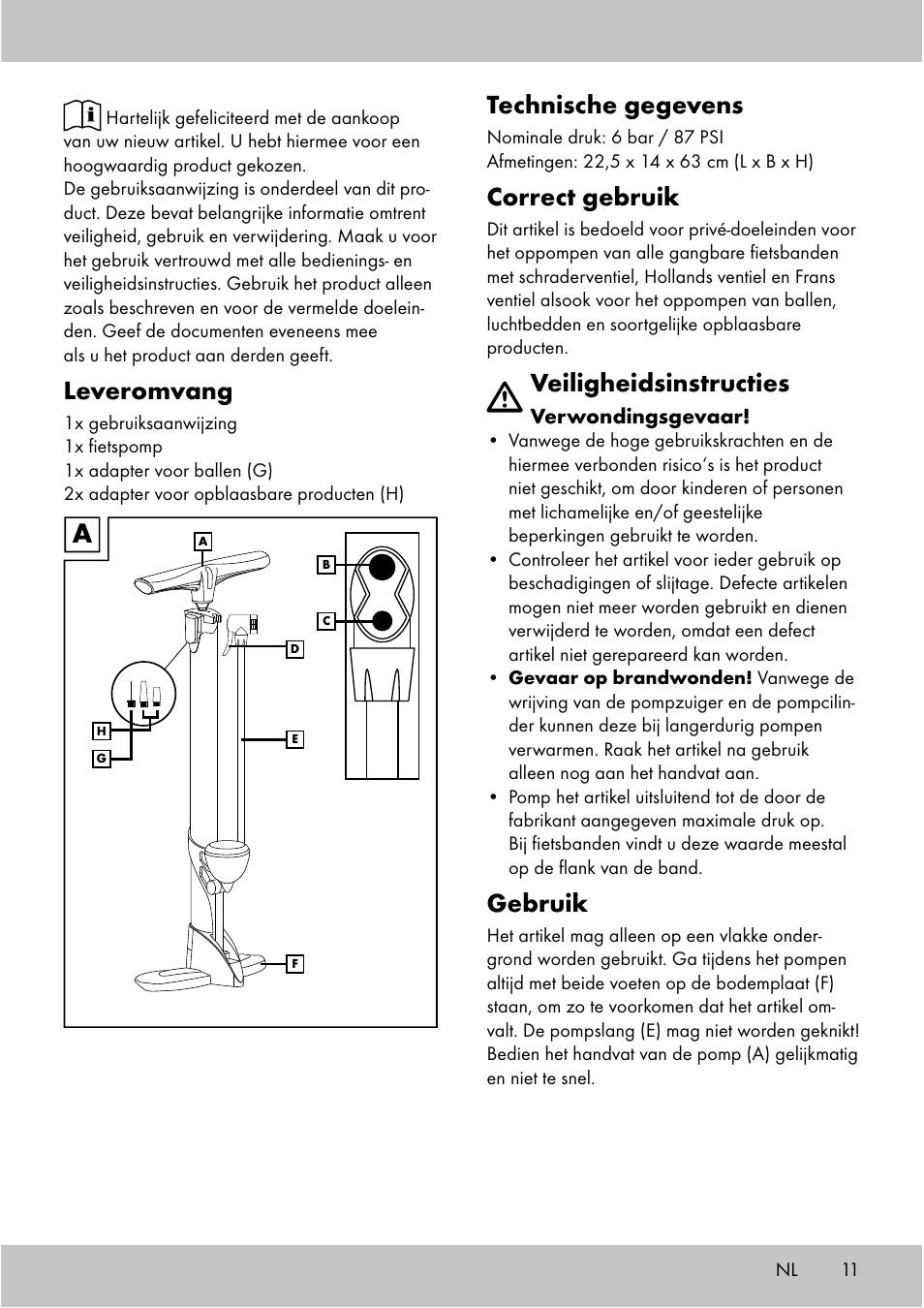 Leveromvang, Technische gegevens, Correct gebruik | Veiligheidsinstructies, Gebruik | Crivit Floor Pump User Manual | Page 11 / 20