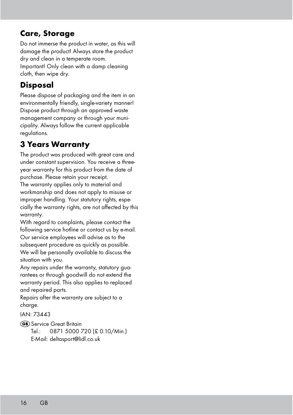 Care, storage, Disposal, 3 years warranty | Crivit Floor Pump User Manual | Page 16 / 20