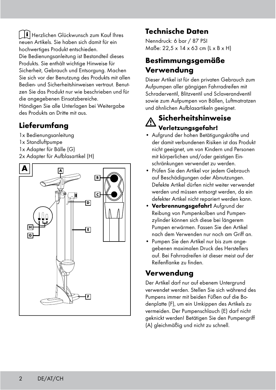 Lieferumfang, Technische daten, Bestimmungsgemäße verwendung | Sicherheitshinweise, Verwendung | Crivit Floor Pump User Manual | Page 2 / 20