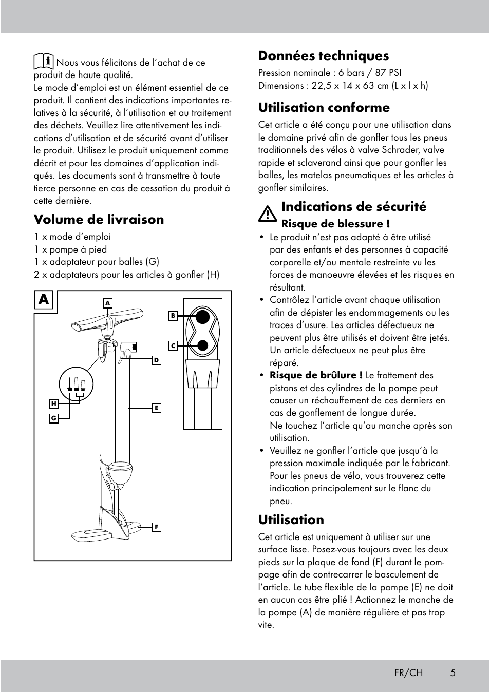 Volume de livraison, Données techniques, Utilisation conforme | Indications de sécurité, Utilisation | Crivit Floor Pump User Manual | Page 5 / 20