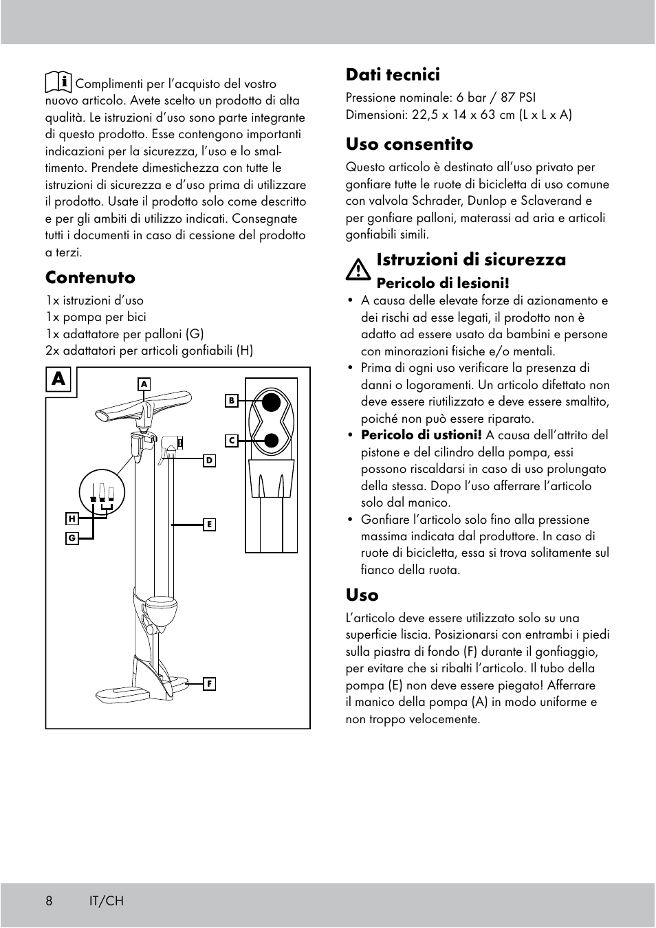 Contenuto, Dati tecnici, Uso consentito | Istruzioni di sicurezza | Crivit Floor Pump User Manual | Page 8 / 20