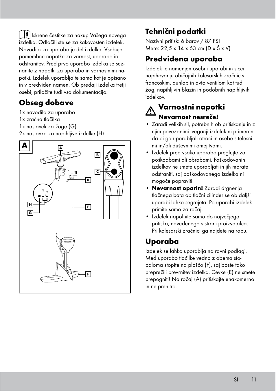 Obseg dobave, Tehnični podatki, Predvidena uporaba | Varnostni napotki, Uporaba | Crivit Floor Pump User Manual | Page 11 / 24