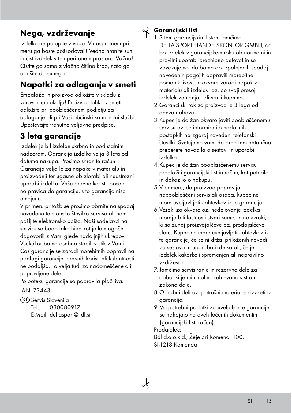 Nega, vzdrževanje, Napotki za odlaganje v smeti, 3 leta garancije | Crivit Floor Pump User Manual | Page 13 / 24