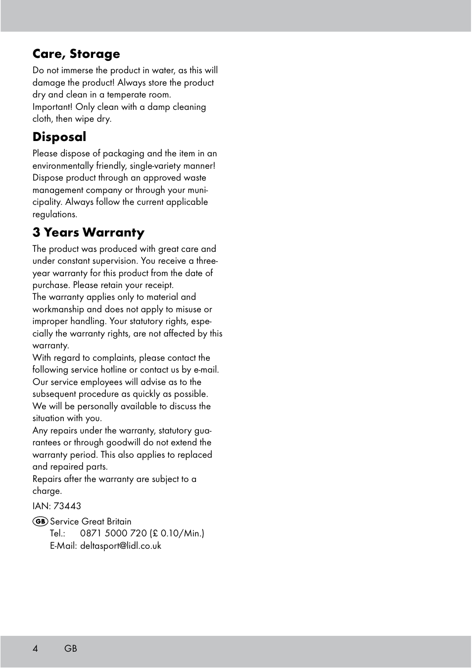 Care, storage, Disposal, 3 years warranty | Crivit Floor Pump User Manual | Page 4 / 24