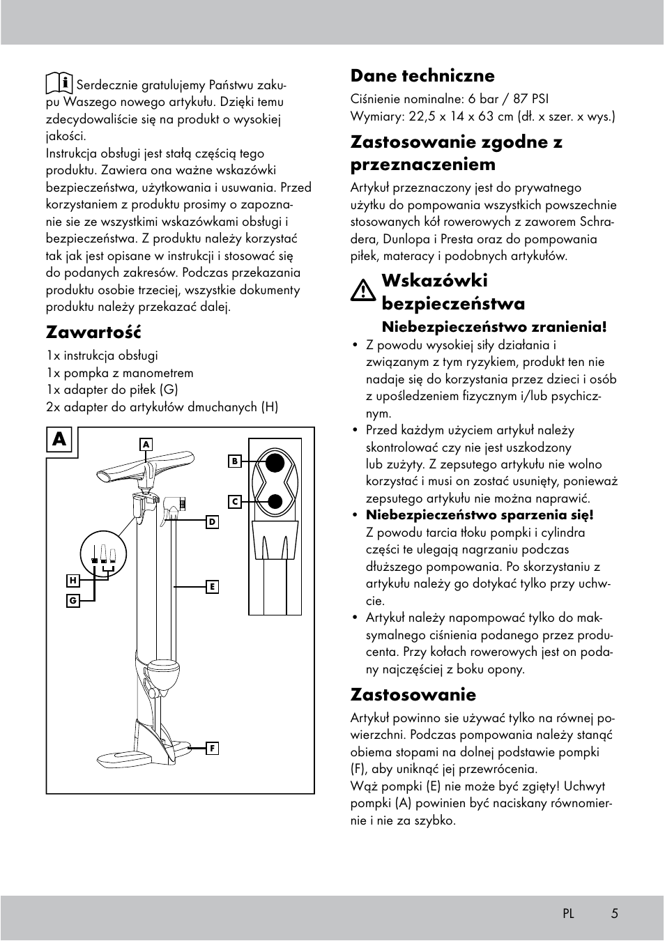 Zawartość, Dane techniczne, Zastosowanie zgodne z przeznaczeniem | Wskazówki bezpieczeństwa, Zastosowanie | Crivit Floor Pump User Manual | Page 5 / 24