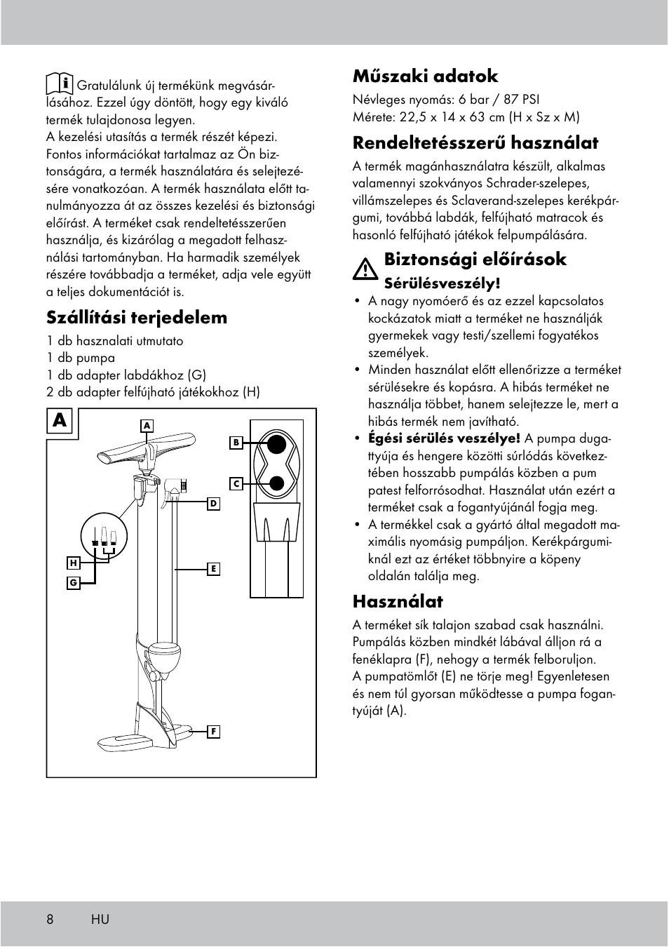 Szállítási terjedelem, Műszaki adatok, Rendeltetésszerű használat | Biztonsági előírások, Használat | Crivit Floor Pump User Manual | Page 8 / 24