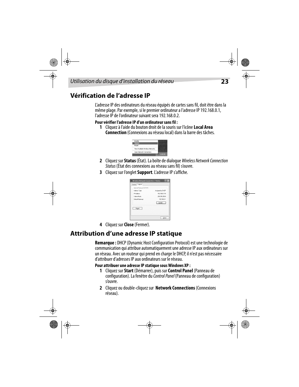 23 vérification de l’adresse ip, Attribution d’une adresse ip statique | Dynex DX-E101 User Manual | Page 23 / 44