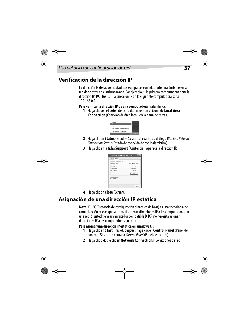 37 verificación de la dirección ip, Asignación de una dirección ip estática | Dynex DX-E101 User Manual | Page 37 / 44
