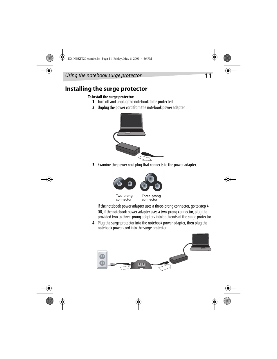 11 installing the surge protector | Dynex DX-NBKIT20 User Manual | Page 11 / 64