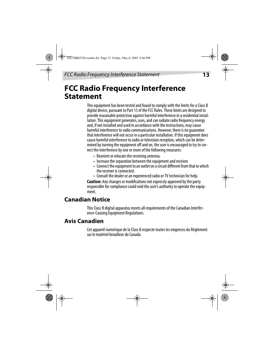 Fcc radio frequency interference statement | Dynex DX-NBKIT20 User Manual | Page 13 / 64