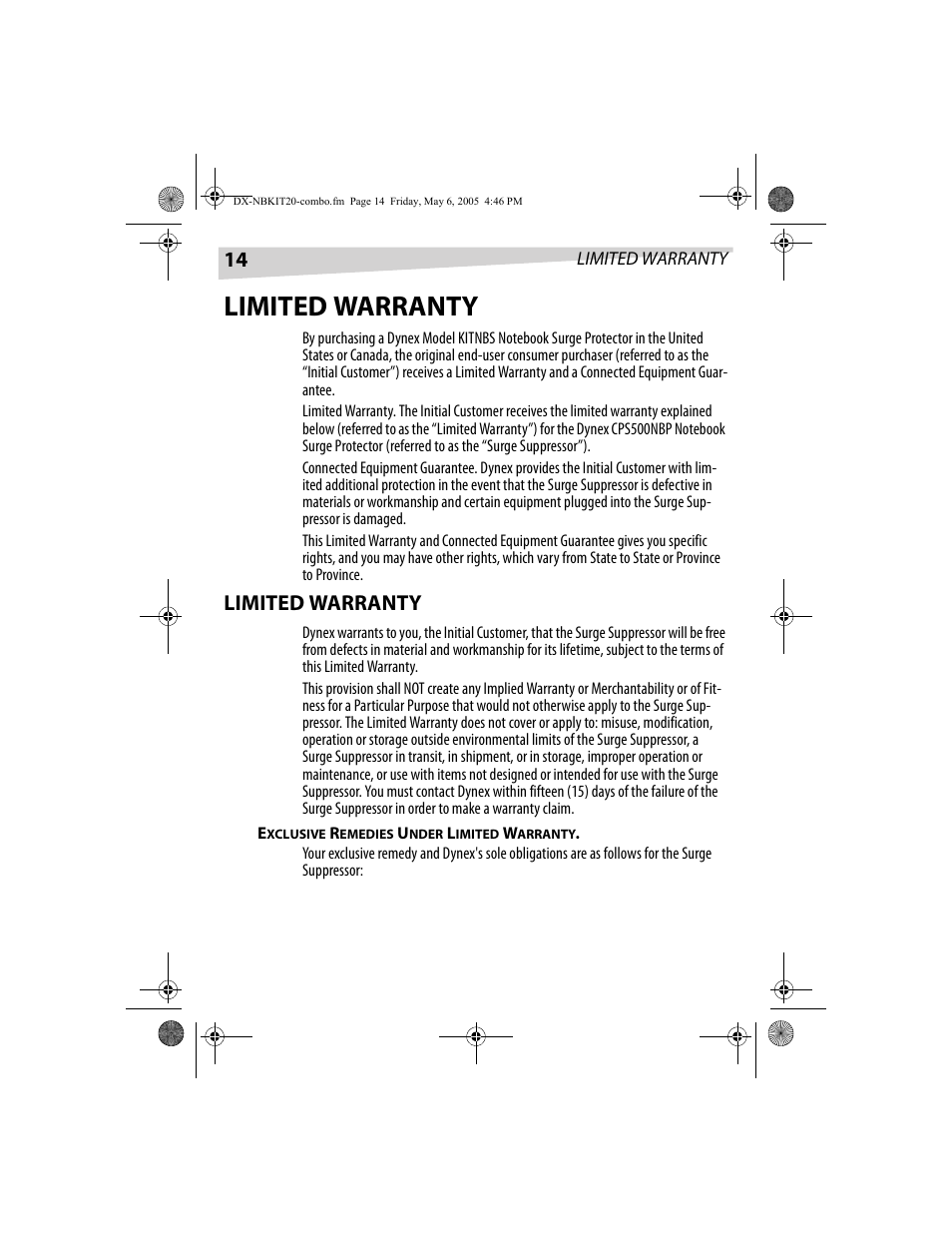 Limited warranty | Dynex DX-NBKIT20 User Manual | Page 14 / 64