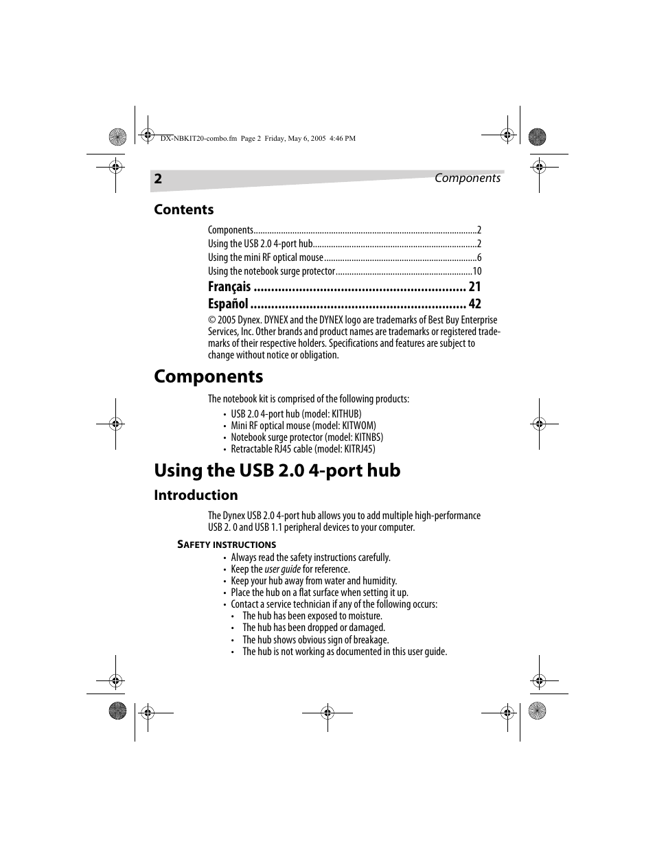 Components, Using the usb 2.0 4-port hub | Dynex DX-NBKIT20 User Manual | Page 2 / 64