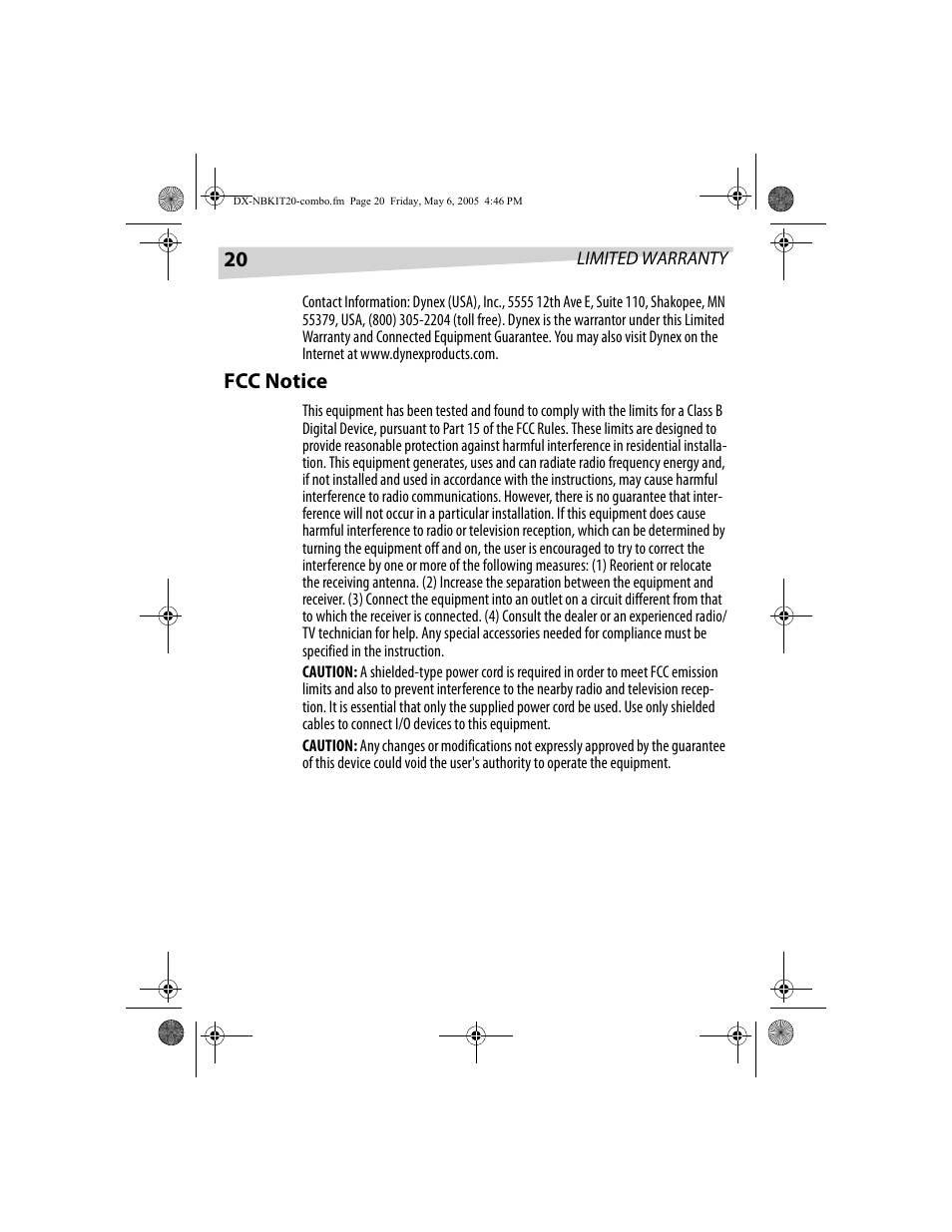 Fcc notice | Dynex DX-NBKIT20 User Manual | Page 20 / 64