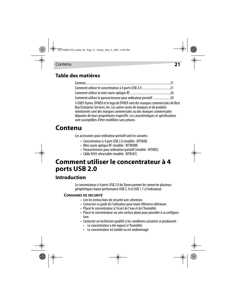 Contenu | Dynex DX-NBKIT20 User Manual | Page 21 / 64