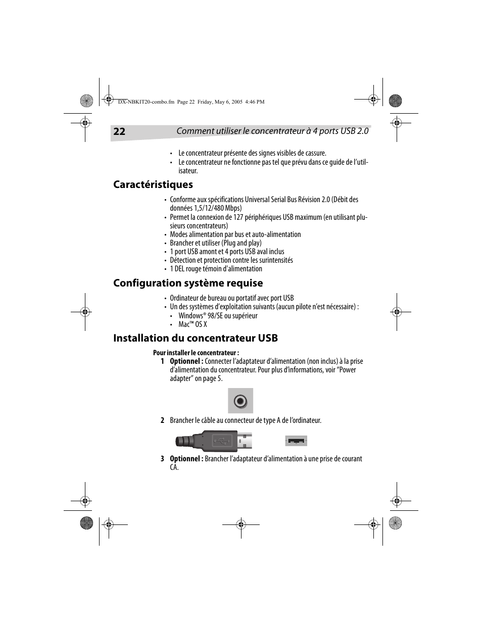 Caractéristiques, Configuration système requise, Installation du concentrateur usb | Dynex DX-NBKIT20 User Manual | Page 22 / 64