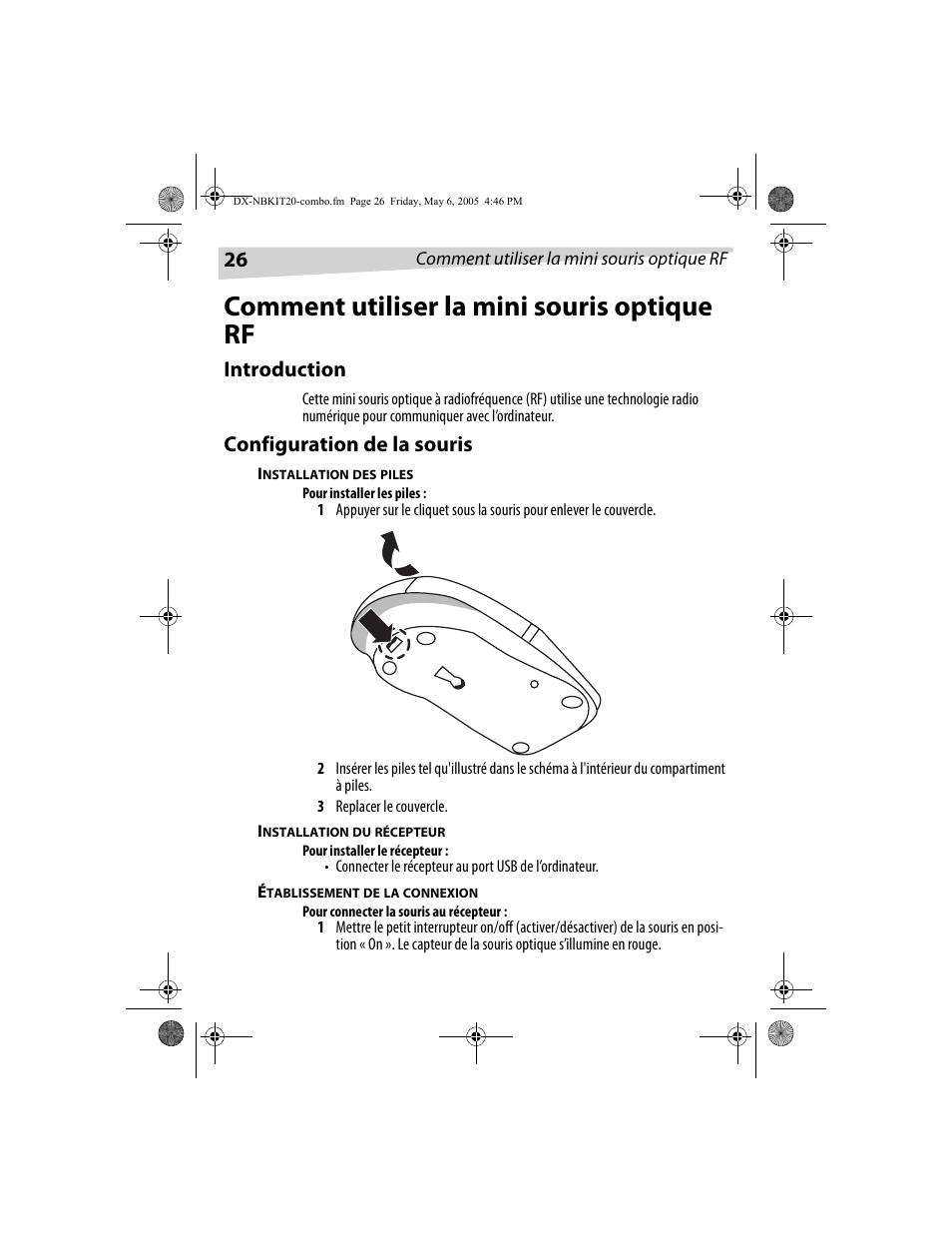 Comment utiliser la mini souris optique rf, Introduction, Configuration de la souris | Dynex DX-NBKIT20 User Manual | Page 26 / 64