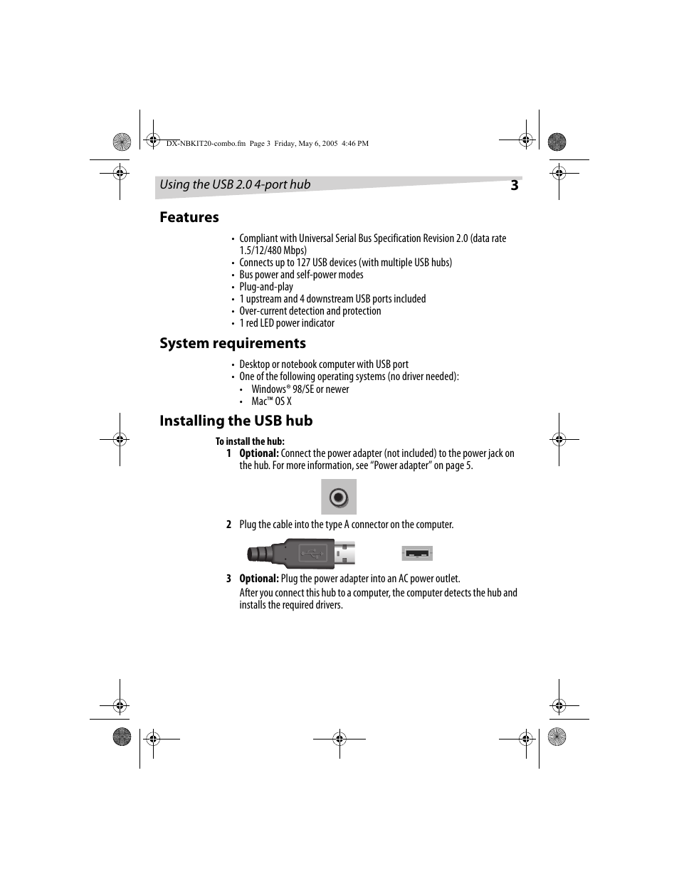 3features, System requirements, Installing the usb hub | Dynex DX-NBKIT20 User Manual | Page 3 / 64