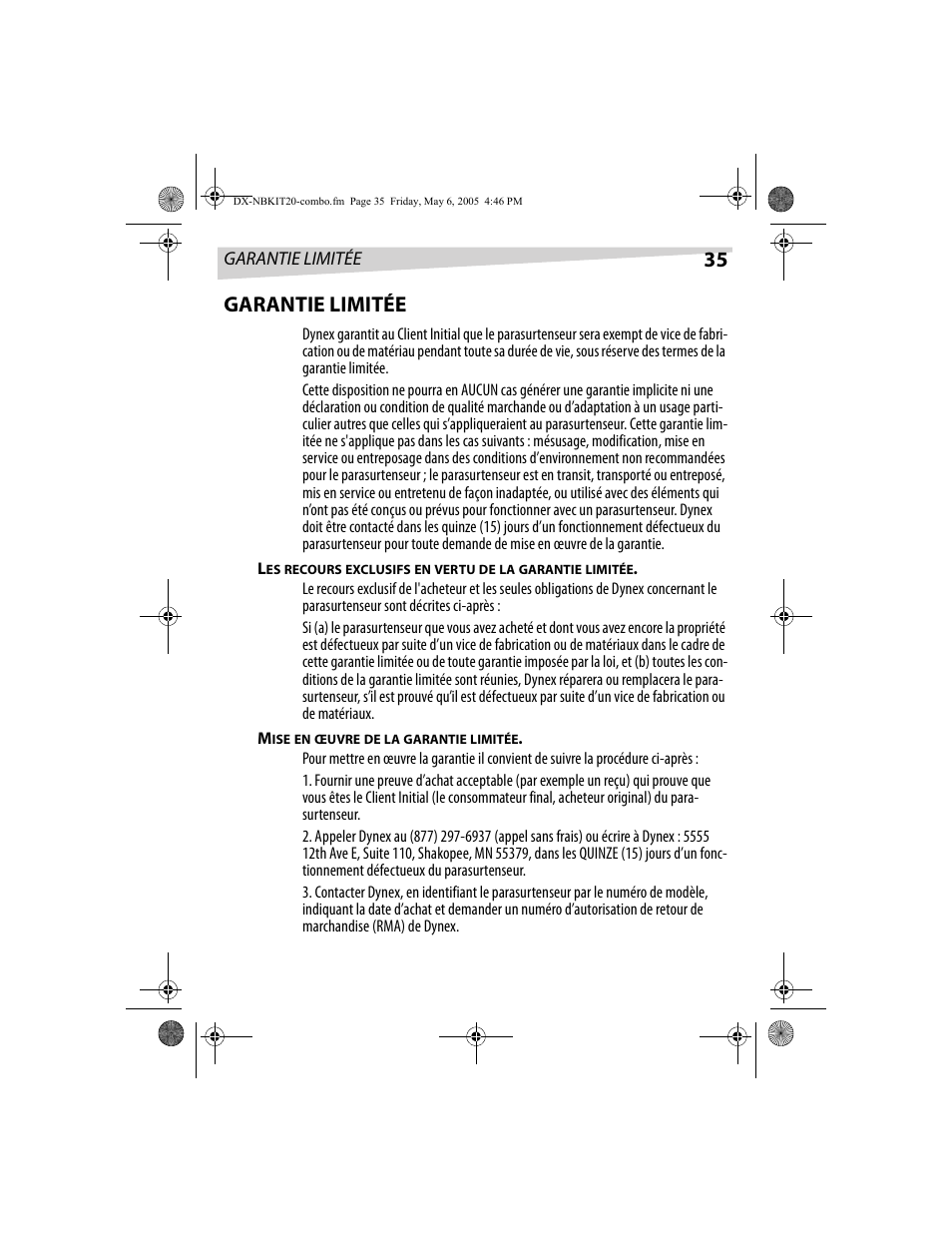 35 garantie limitée | Dynex DX-NBKIT20 User Manual | Page 35 / 64