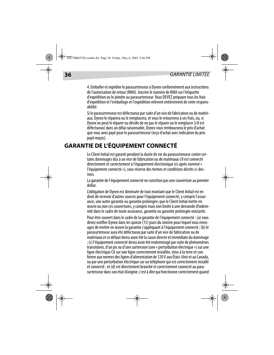 Garantie de l’équipement connecté | Dynex DX-NBKIT20 User Manual | Page 36 / 64