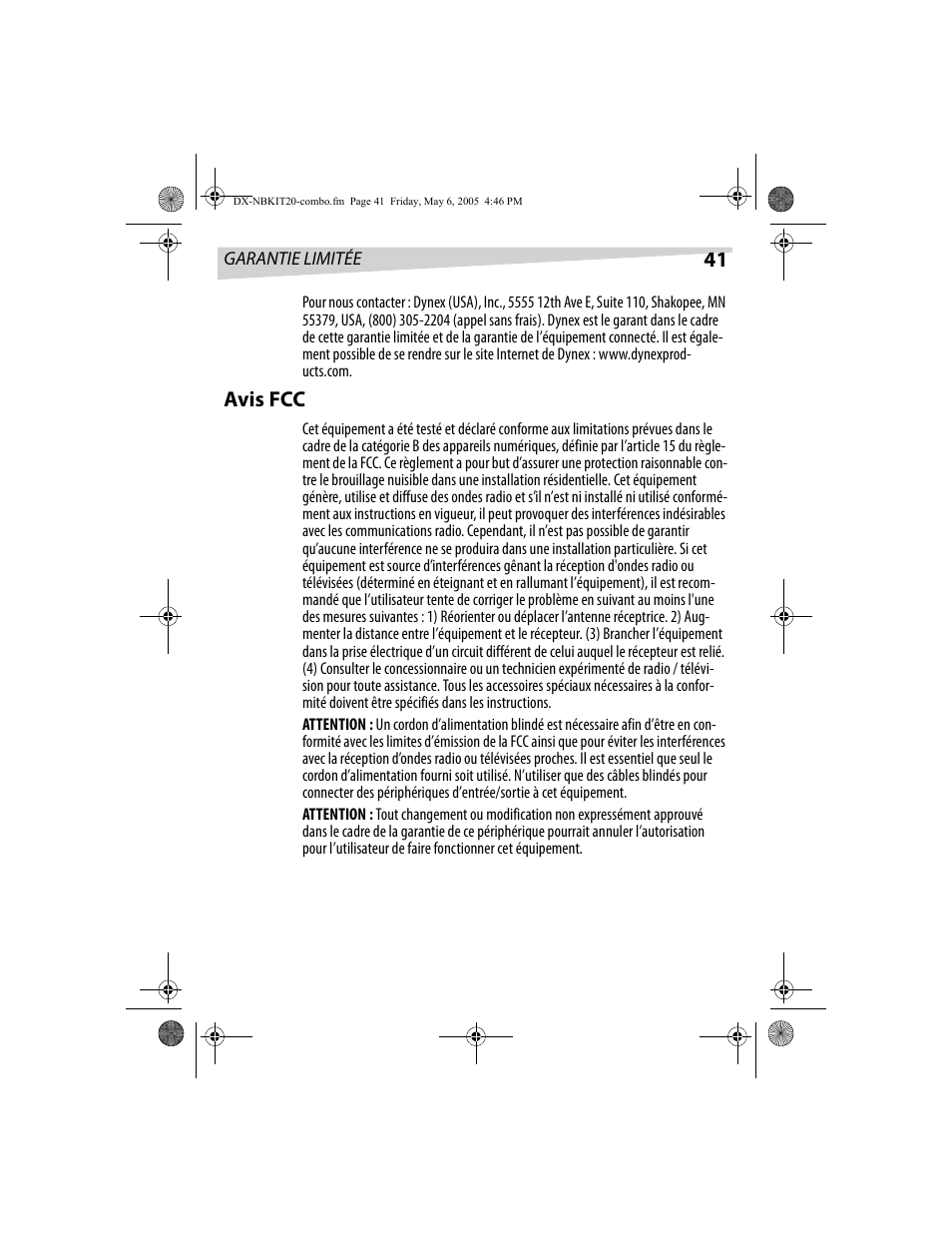 Avis fcc | Dynex DX-NBKIT20 User Manual | Page 41 / 64