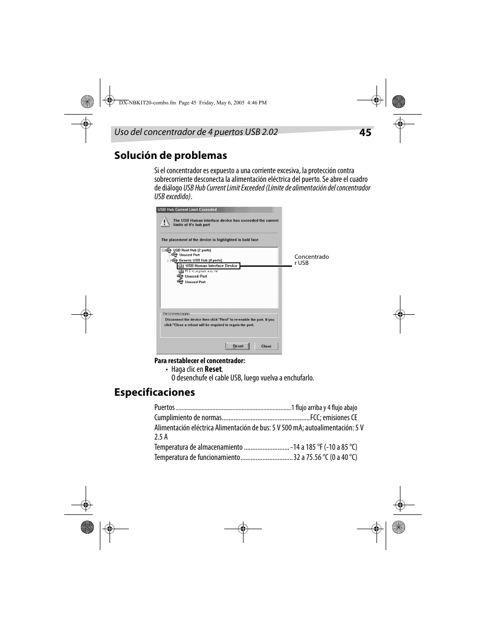 45 solución de problemas, Especificaciones | Dynex DX-NBKIT20 User Manual | Page 45 / 64