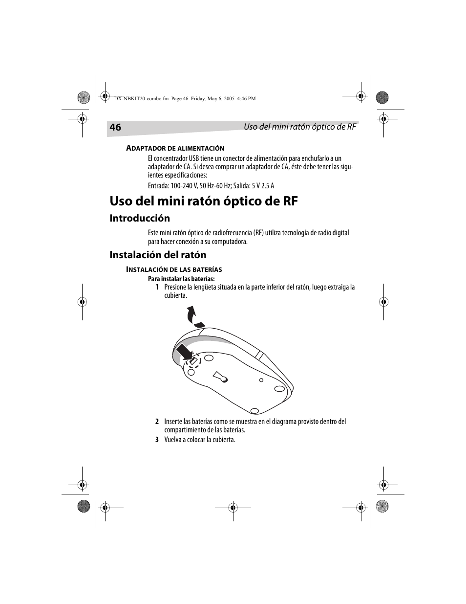 Uso del mini ratón óptico de rf, Introducción, Instalación del ratón | Dynex DX-NBKIT20 User Manual | Page 46 / 64