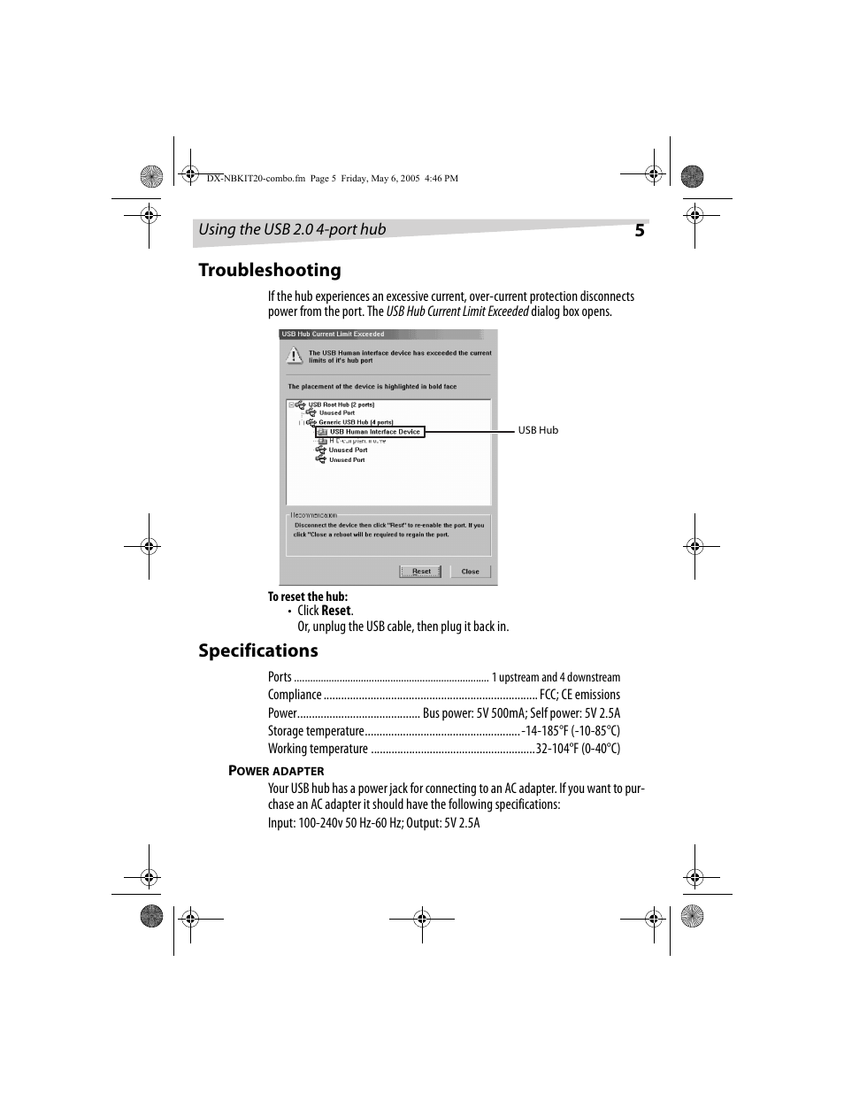 5troubleshooting, Specifications | Dynex DX-NBKIT20 User Manual | Page 5 / 64