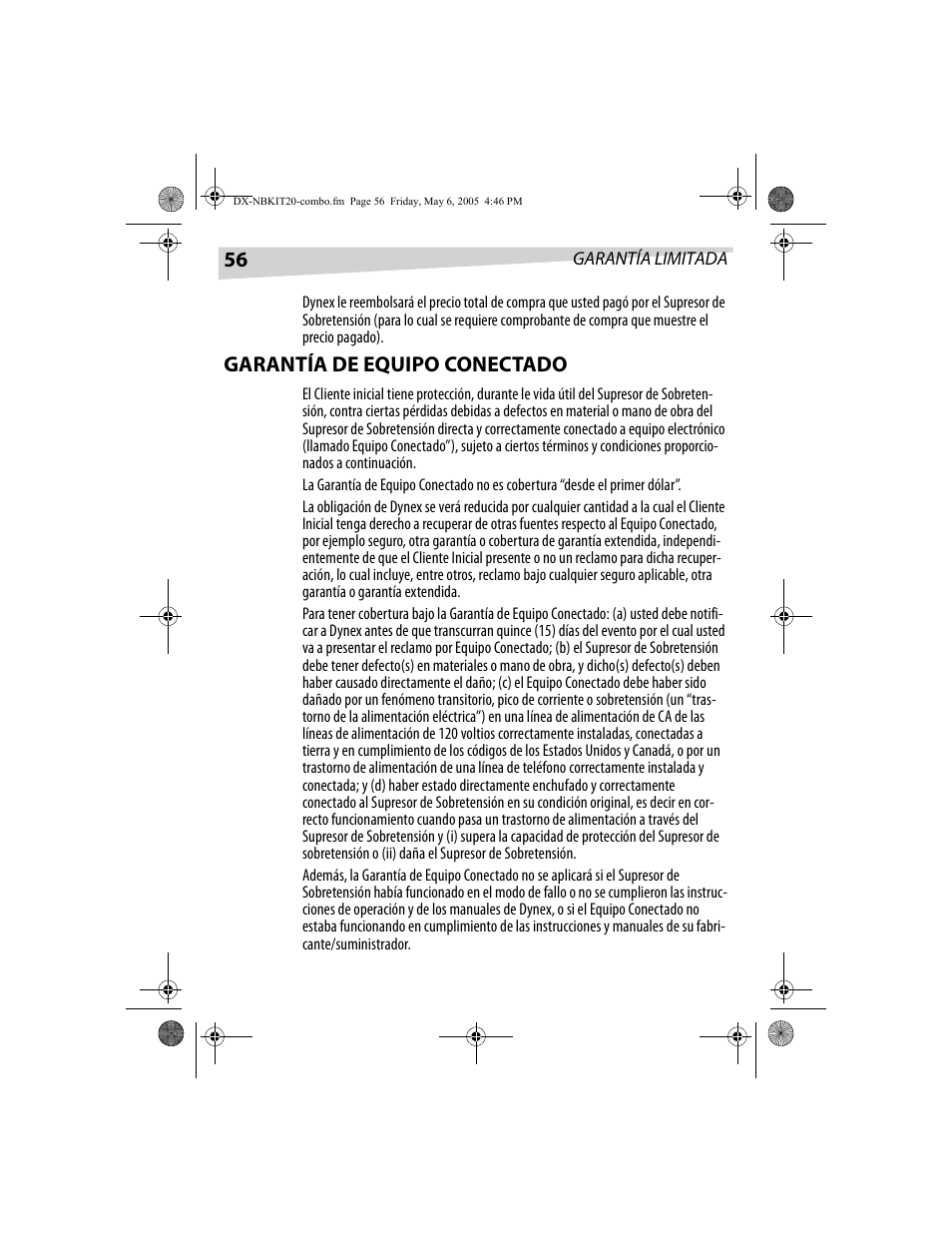 Garantía de equipo conectado | Dynex DX-NBKIT20 User Manual | Page 56 / 64