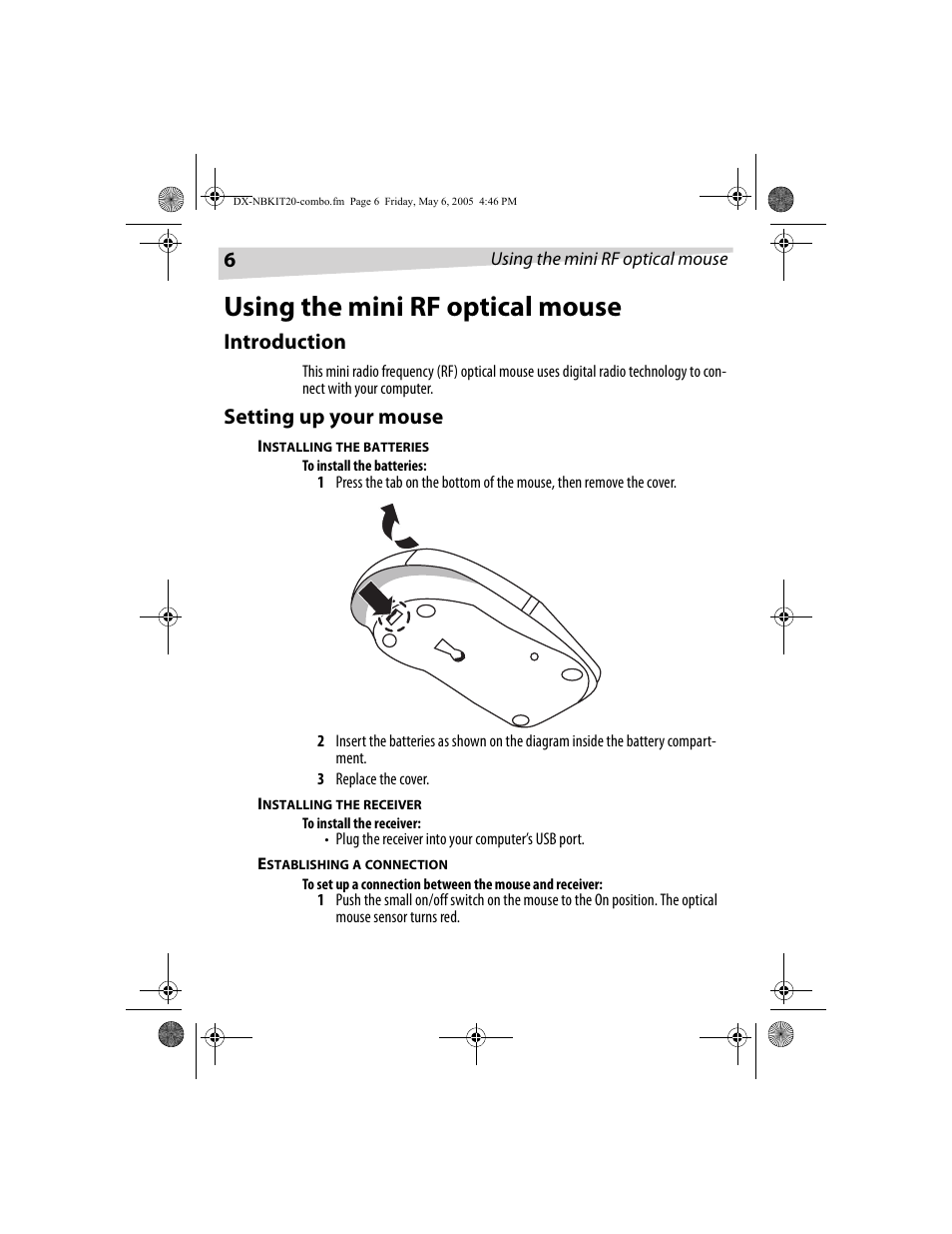 Using the mini rf optical mouse, Introduction, Setting up your mouse | Dynex DX-NBKIT20 User Manual | Page 6 / 64