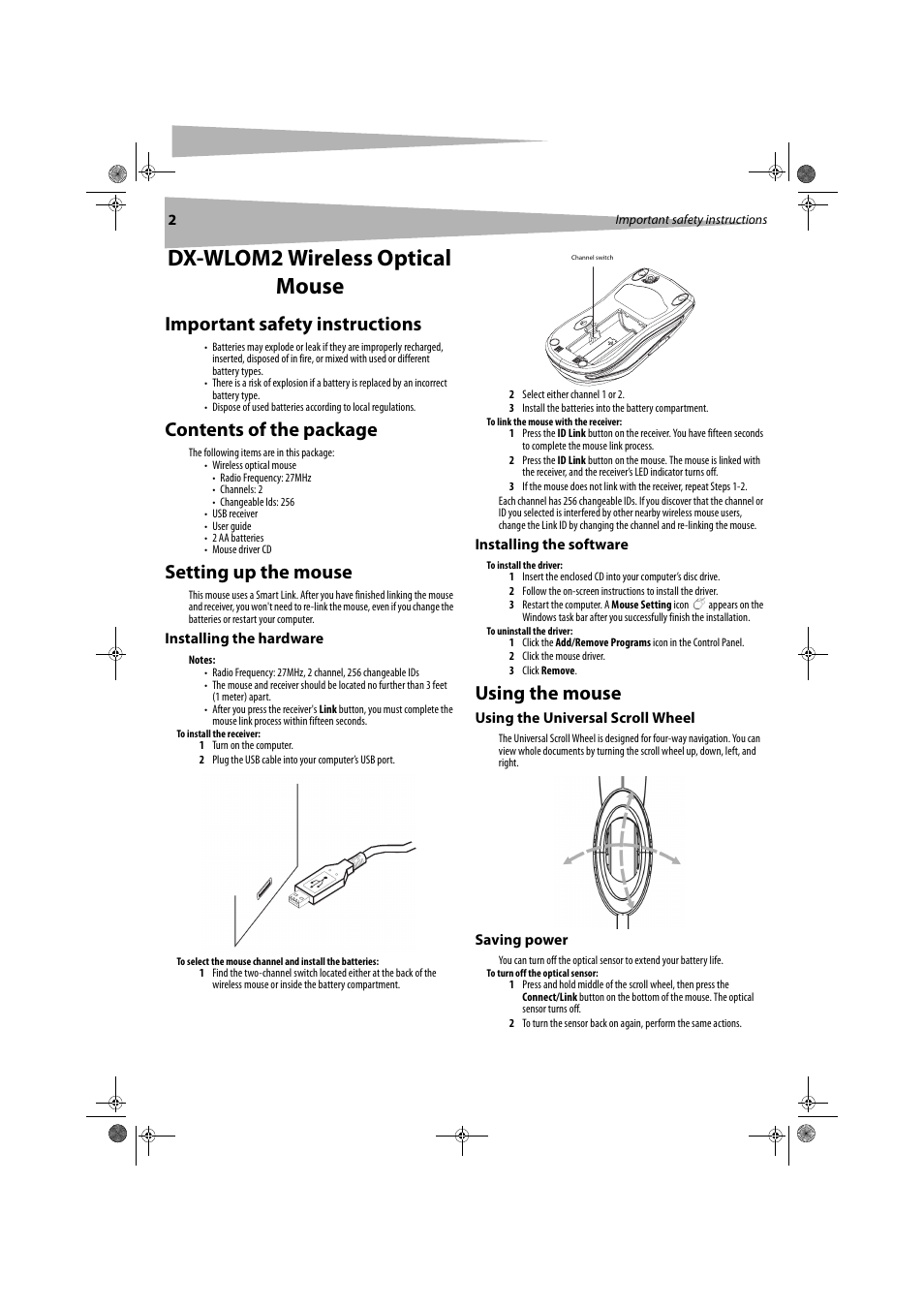 Dx-wlom2 wireless optical mouse, Important safety instructions, Contents of the package | Setting up the mouse, Using the mouse | Dynex DX-WLOM2 User Manual | Page 2 / 9