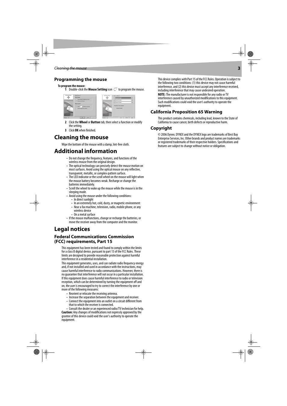 Cleaning the mouse, Additional information, Legal notices | Dynex DX-WLOM2 User Manual | Page 3 / 9