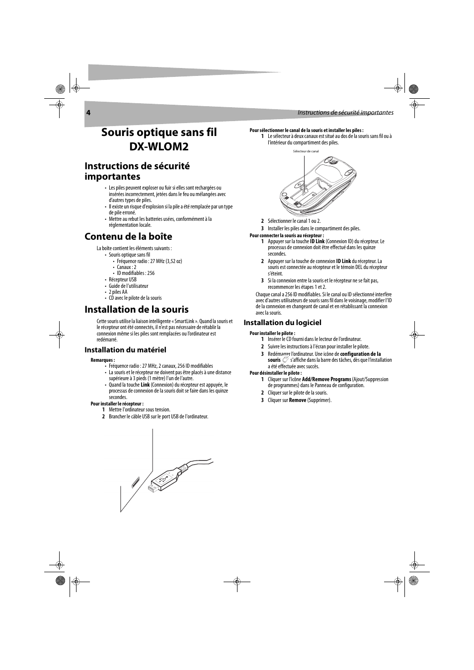 Souris optique sans fil dx-wlom2, Instructions de sécurité importantes, Contenu de la boîte | Installation de la souris | Dynex DX-WLOM2 User Manual | Page 4 / 9