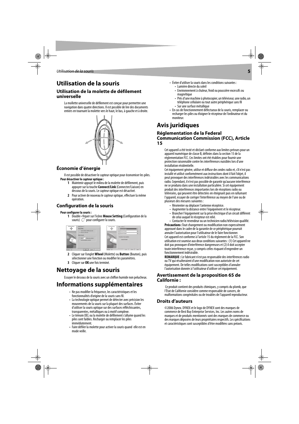 Utilisation de la souris, Nettoyage de la souris, Informations supplémentaires | Avis juridiques | Dynex DX-WLOM2 User Manual | Page 5 / 9