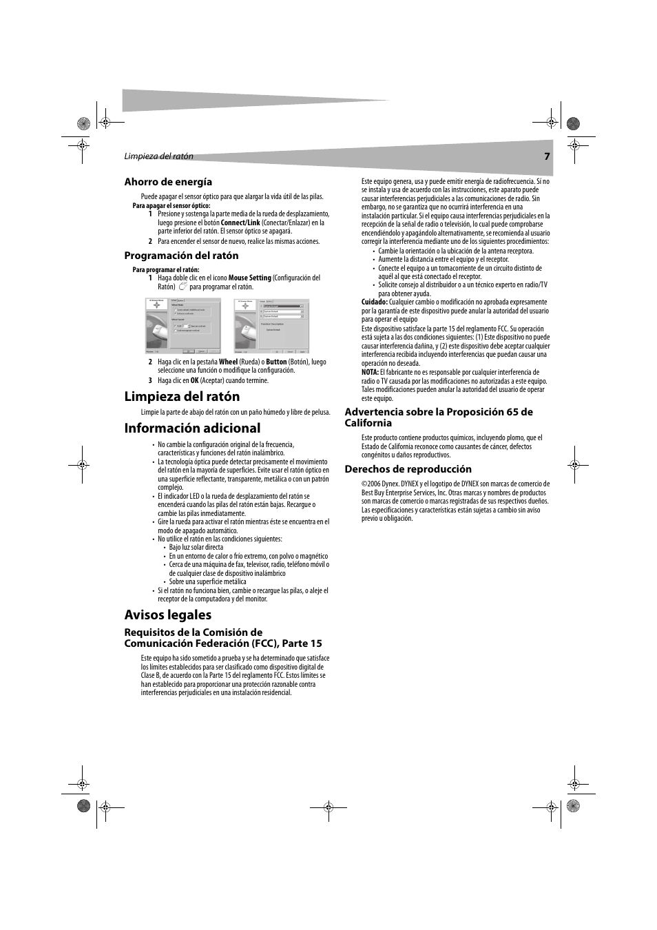 Limpieza del ratón, Información adicional, Avisos legales | Dynex DX-WLOM2 User Manual | Page 7 / 9