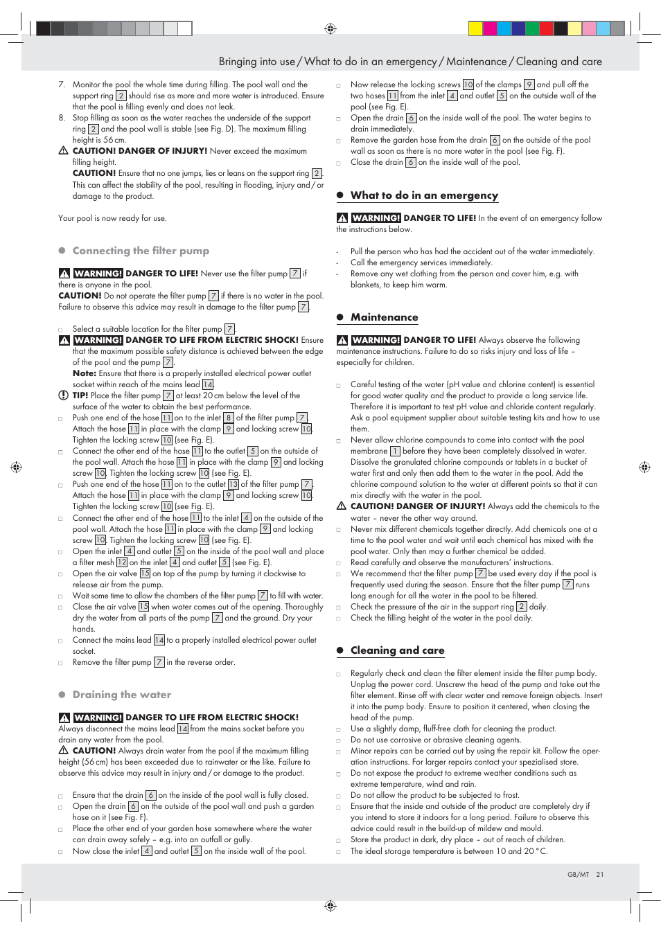 Connecting the ﬁlter pump, Draining the water, What to do in an emergency | Maintenance, Cleaning and care | Crivit Z31152 User Manual | Page 21 / 30