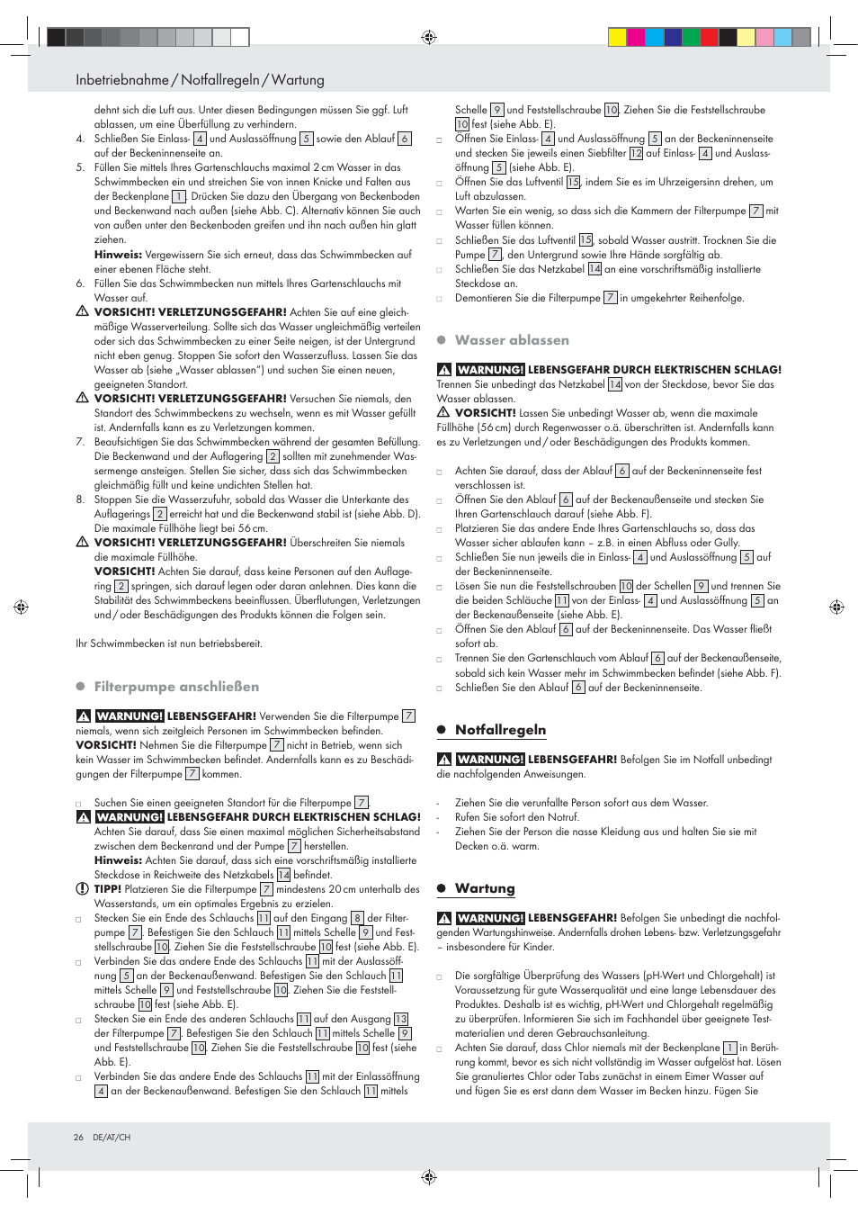 Inbetriebnahme / notfallregeln / wartung, Filterpumpe anschließen, Wasser ablassen | Notfallregeln, Wartung | Crivit Z31152 User Manual | Page 26 / 30