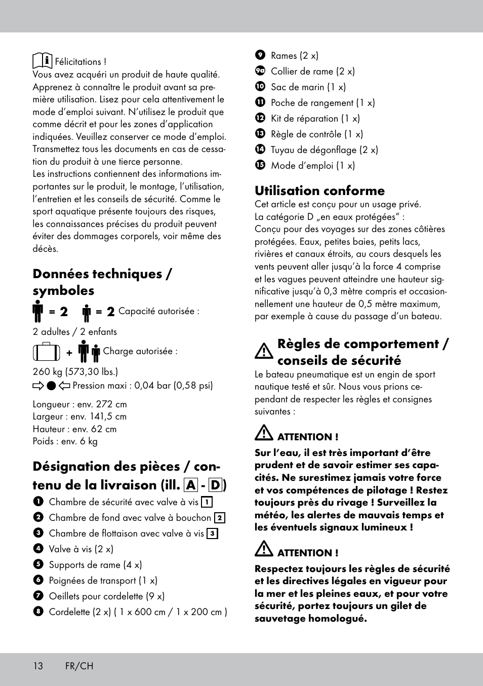 Données techniques / symboles, Utilisation conforme, Règles de comportement / conseils de sécurité | Crivit 2-Person Kayak User Manual | Page 12 / 34