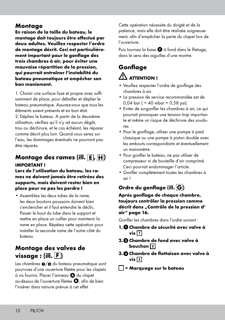 Montage, Montage des rames (ill. e , h ), Montage des valves de vissage : (ill. f ) | Gonflage | Crivit 2-Person Kayak User Manual | Page 14 / 34