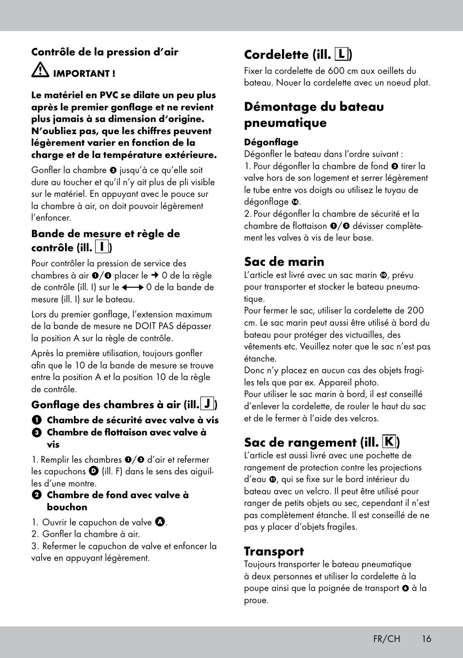 Cordelette (ill. l ), Démontage du bateau pneumatique, Sac de marin | Sac de rangement (ill. k ), Transport | Crivit 2-Person Kayak User Manual | Page 15 / 34