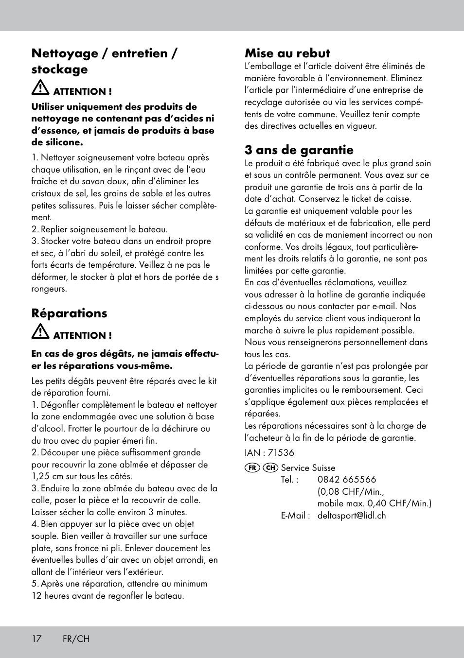 Nettoyage / entretien / stockage, Réparations, Mise au rebut | 3 ans de garantie | Crivit 2-Person Kayak User Manual | Page 16 / 34