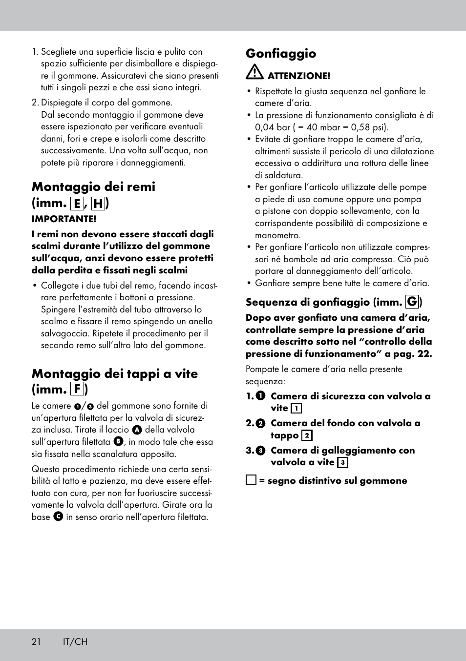 Montaggio dei remi (imm. e , h ), Montaggio dei tappi a vite (imm. f ), Gonfiaggio | Crivit 2-Person Kayak User Manual | Page 20 / 34