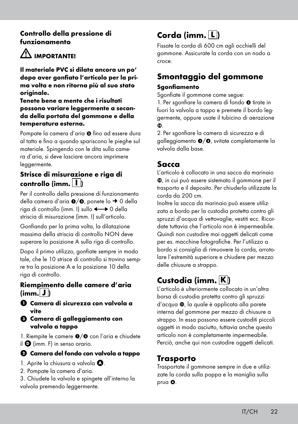 Corda (imm. l ), Smontaggio del gommone, Sacca | Custodia (imm. k ), Trasporto | Crivit 2-Person Kayak User Manual | Page 21 / 34