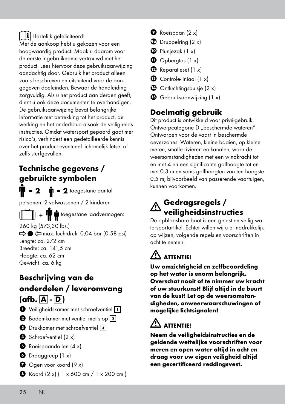 Technische gegevens / gebruikte symbolen, Doelmatig gebruik, Gedragsregels / veiligheidsinstructies | Crivit 2-Person Kayak User Manual | Page 24 / 34