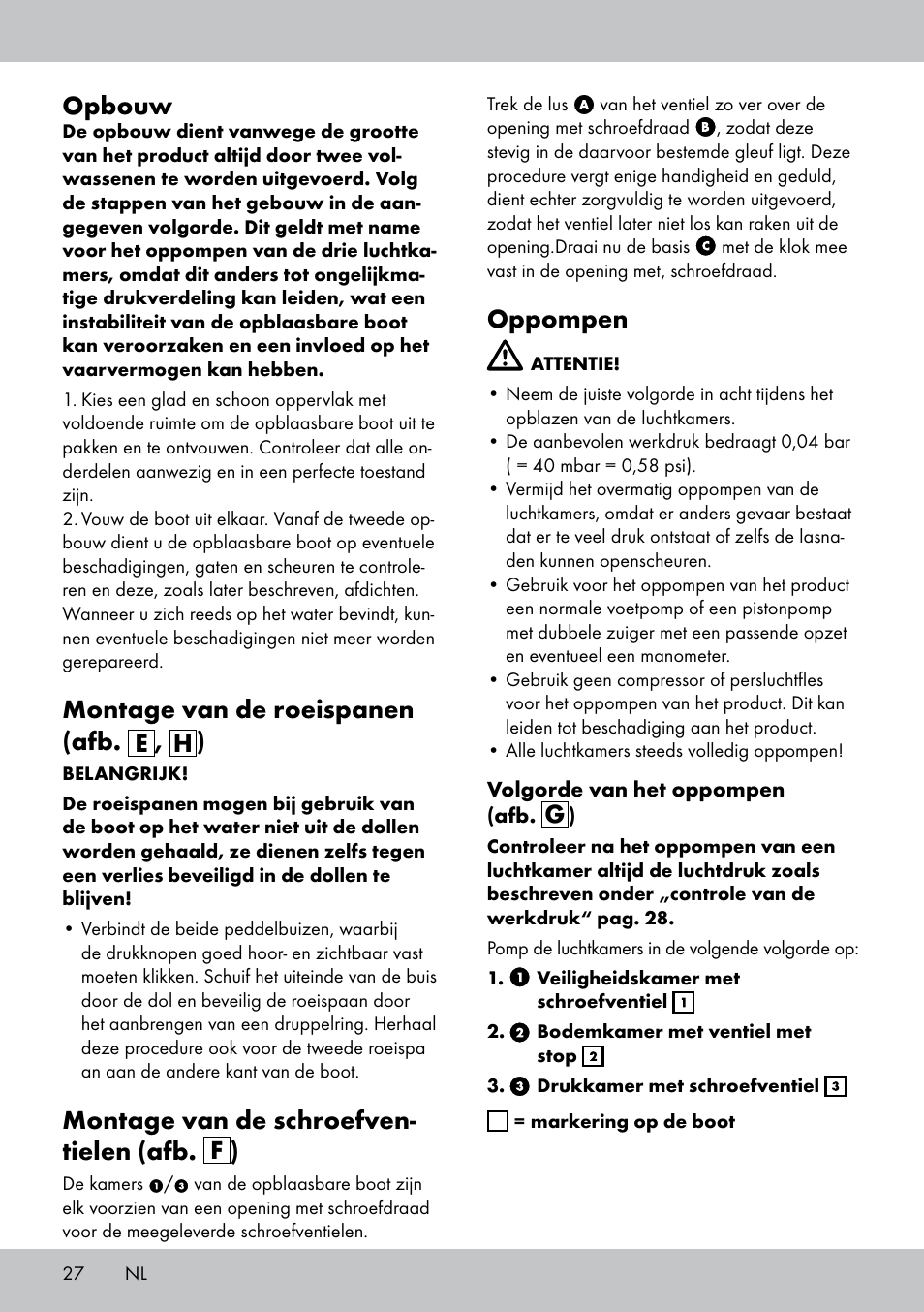 Opbouw, Montage van de roeispanen (afb. e , h ), Montage van de schroefven- tielen (afb. f ) | Oppompen | Crivit 2-Person Kayak User Manual | Page 26 / 34