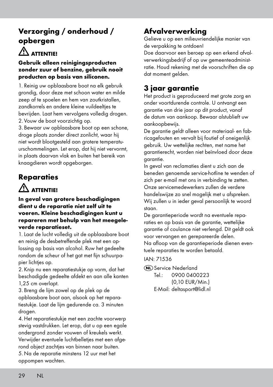 Verzorging / onderhoud / opbergen, Reparaties, Afvalverwerking | 3 jaar garantie | Crivit 2-Person Kayak User Manual | Page 28 / 34